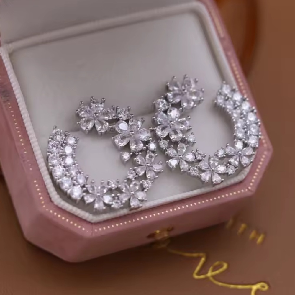 Floral Crescent Diamond Statement Earrings - Picture 6 of 7